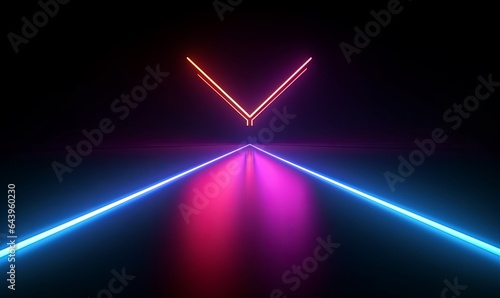 3d render, abstract minimalist geometric background. Glowing neon arrow points right, linear direction symbol, Generative AI