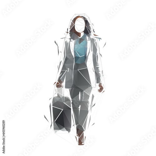Business woman with suitcase walking forward, isolated low poly vector illustration. front view