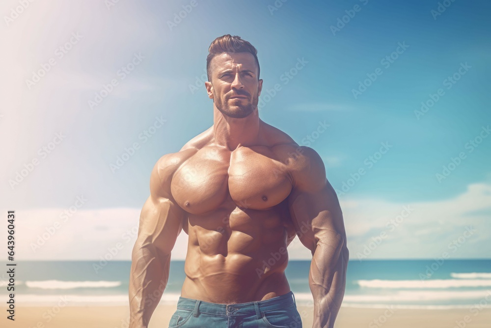 Muscle man sea beach. Generate Ai