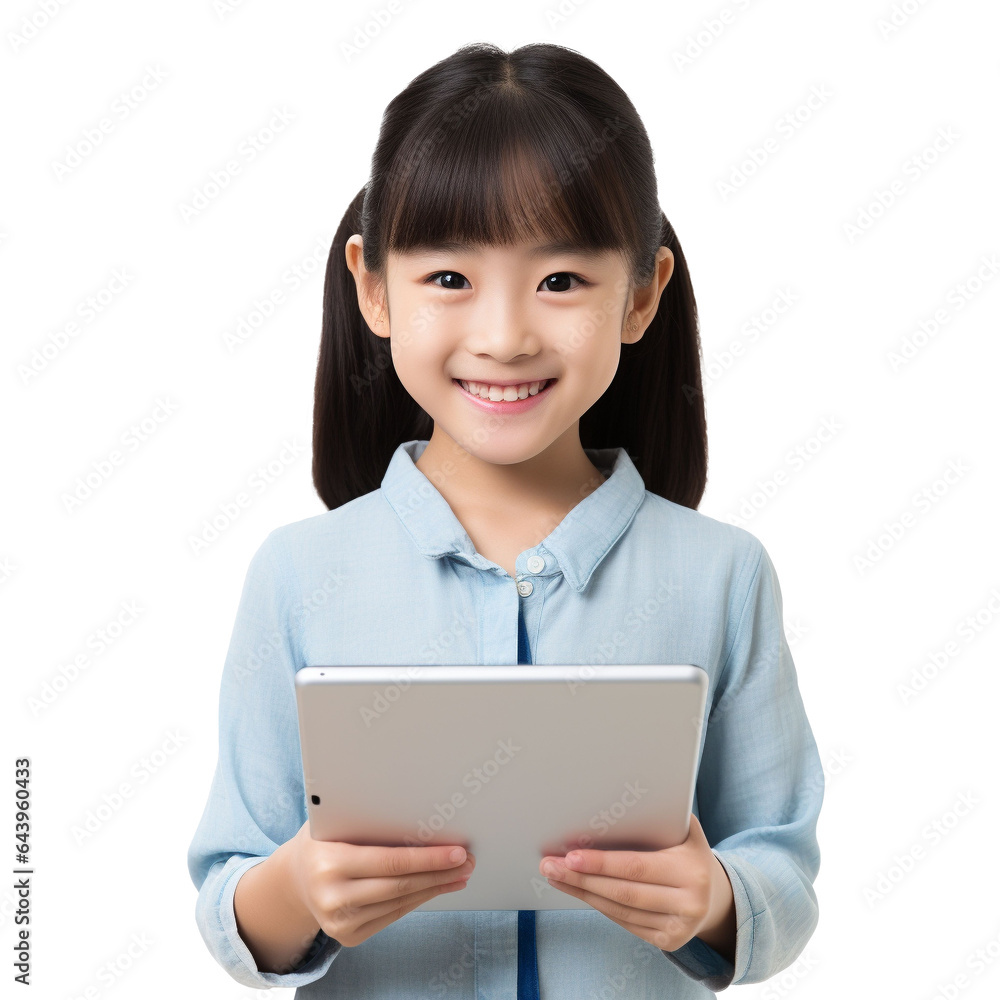 Young beautiful asian woman happy face smiling use tablet, isolated on white transparent background Young beautiful asian woman happy face smiling use tablet, isolated on white transparent background