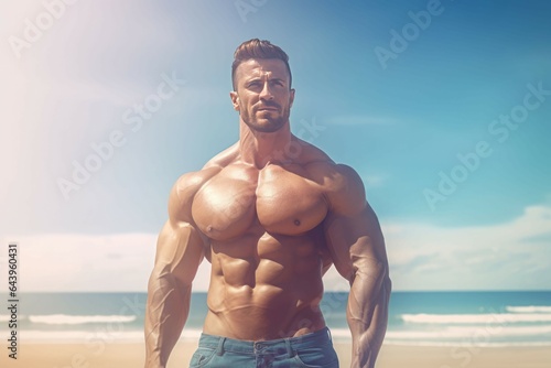 Muscle man sea beach. Generate Ai