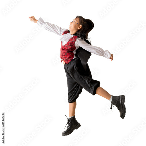 Happy asian little girl wearing black costume, Smiling child having fun at carnival party jumping posing full body portrait, isolated on white background