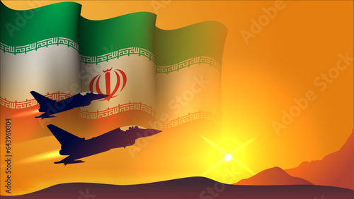 fighter jet plane with iran waving flag background design with sunset view suitable for national iran air forces day event photo