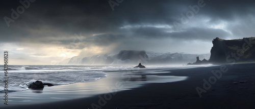 Czarna plaża i fale - tło. Burzowe niebo, nadciągający sztorm na wybrzeżu © yeseyes9