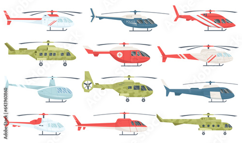 Different helicopter cartoon military, emergency, rescue, passenger aviation transport set