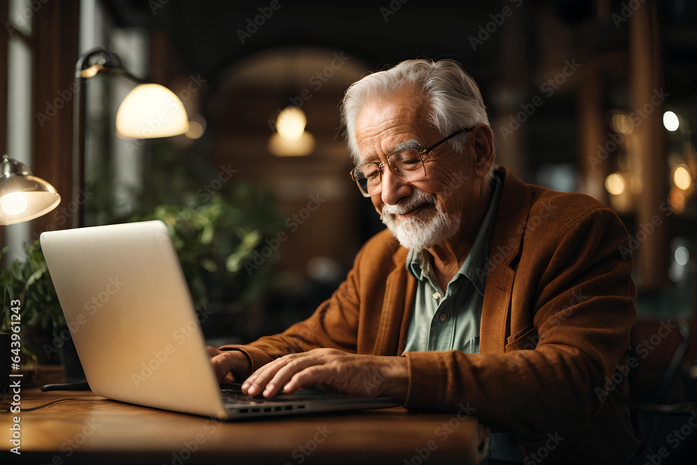 Old senior elderly man working on laptop computer in cafe Old senior elderly man working on laptop computer in cafe