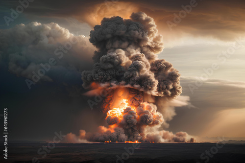 Nuclear explosion and mushroom cloud. Environmental disaster 