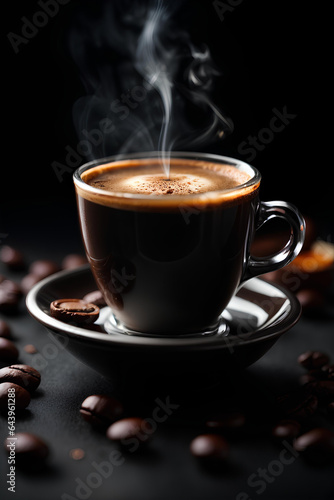 Hot black coffee mug on dark background