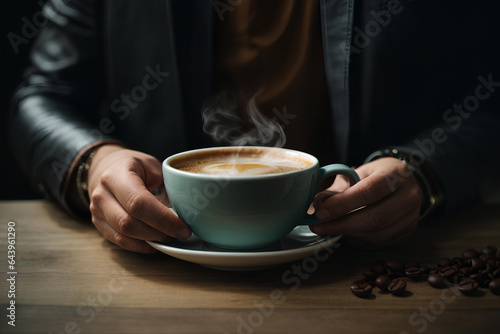 Human hands holding cup of cappuccino coffee