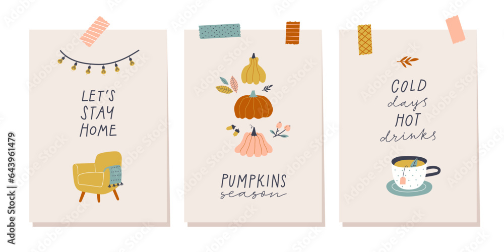 Set of autumn greeting cards with lettering.