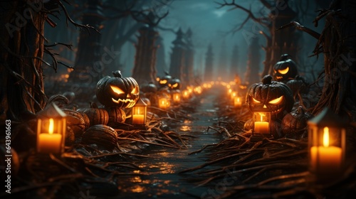 Dark tones Halloween composition in sinister cemetery alley under moonlight. Spooky pumpkin jack-o-lanterns  burning candles  gnarled bare trees  night fog. Halloween celebration concept.