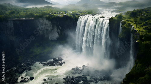 Witness the cascading wonder of a majestic waterfall from above. The highly detailed photography captures the frothy plunge, the lush greenery, and the misty atmosphere.