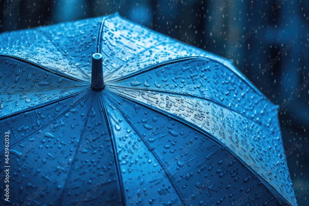 Blue umbrella under the rain - obrazy, fototapety, plakaty 