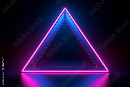 3d render, blue pink neon triangular frame, triangle shape, empty space, ultraviolet light, 80's retro style, fashion show stage, abstract background, Generative AI