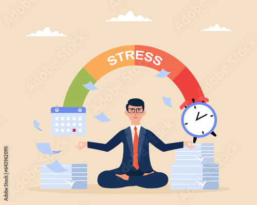 Businessman doing yoga to calm down the stressful emotion from hard work and manage time in office Concept of meditation and time management..
