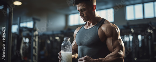 Bodybuilder after workout is drinking protein shake in the gym. Muscle building concept.