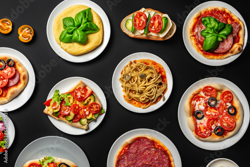 An exquisite spread of Italian cuisine featuring pizza, pasta, ravioli, carpaccio, caprese salad, and tomato bruschetta, elegantly arranged on plates. Top view on a dramatic black background