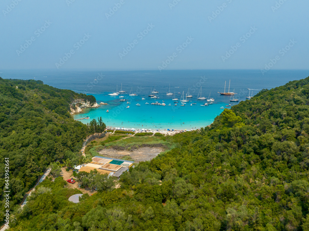 Aerial drone photo of beautiful azure exotic turquoise beach of Voutoumi in island of Antipaxos, Ionian, Greece