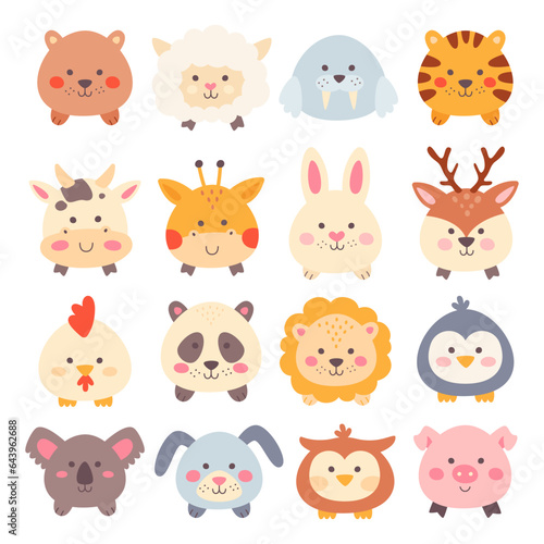 Round chubby fat animal and bird domestic farm, wild forest creature character isolated set