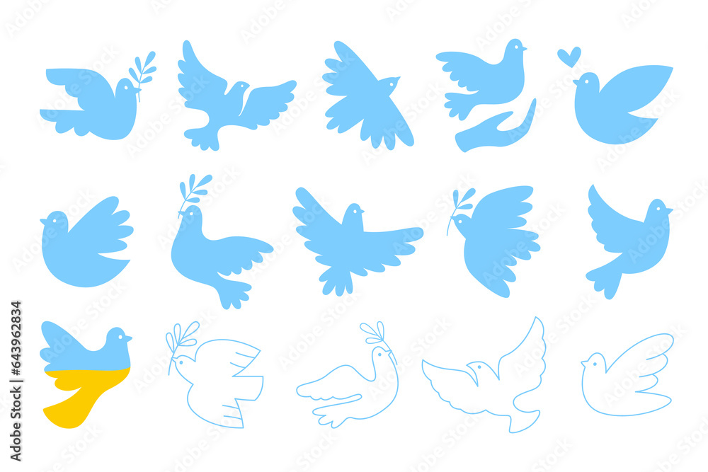 Obraz premium White and blue dove flying bird peace symbol silhouette and no war support Ukraine isolated set