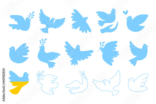 White and blue dove flying bird peace symbol silhouette and no war support Ukraine isolated set