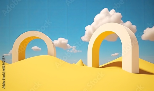 3d animation, Surreal desert landscape with yellow arches and white clouds in the blue sky. Modern minimal abstract background, Generative AI