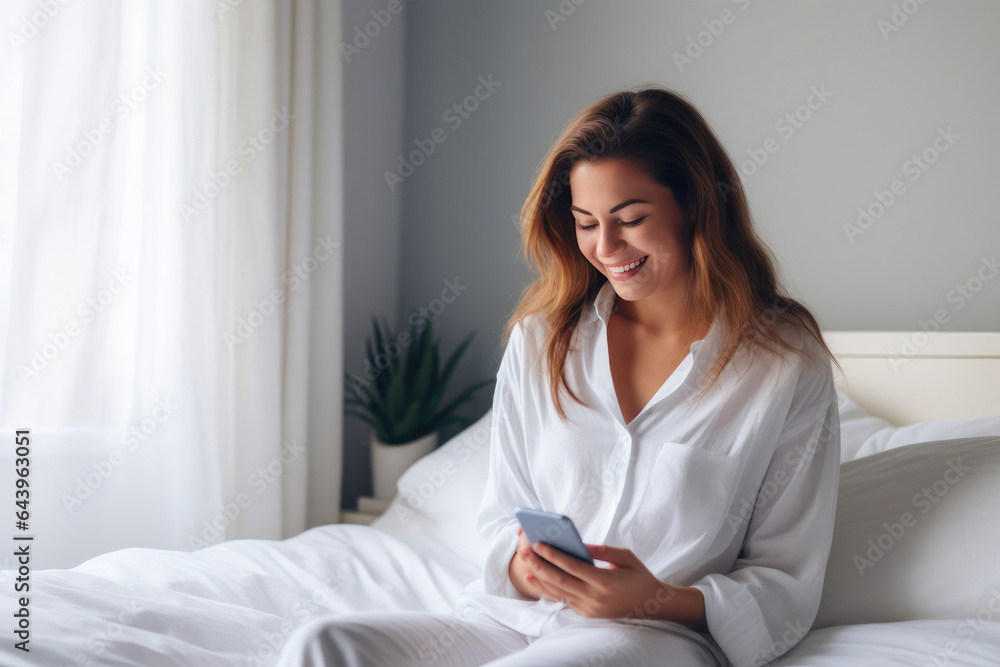 Young Woman Relaxing with Smartphone in Bedroom Young Woman Relaxing with Smartphone in Bedroom