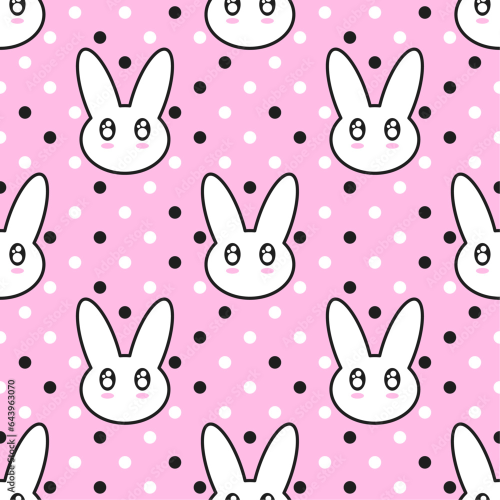 White cute bunnies on pink polka dot background. Vector seamless pattern. Best for textile, print, wallpapers, and festive decoration.