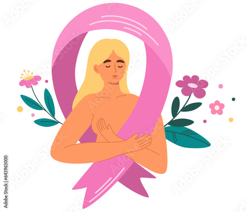 Breast Cancer awareness banner illustration. Woman with pink ribbon. Pink october month female health care campaign solidarity web template design. Vector cartoon illustration