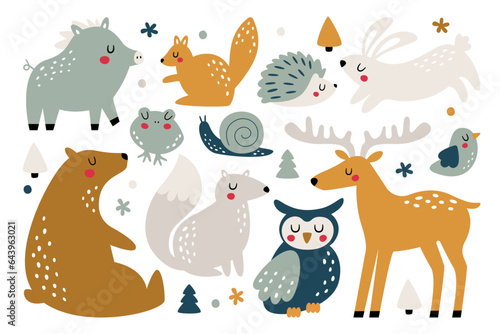 Cute funny childish wild woodland forest animal character isolated set in Scandinavian style