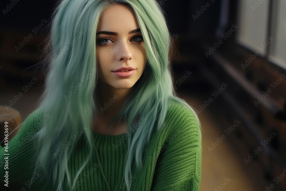 Fashionable European Girl with Long Emerald Hair in Cozy Attire Fashionable European Girl with Long Emerald Hair in Cozy Attire