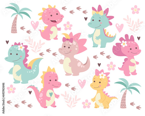 Childish cute girl dinosaur cartoon characters for nursery and baby shower vector illustration