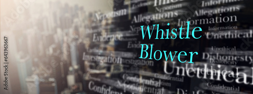 Whistleblower, information and secret text on banner on city overlay for corporate crime, fraud and corruption. Confidential info, privacy report and disclosure in public interest or legal protection