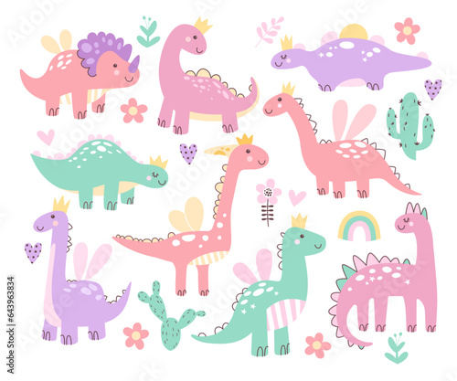 Cute fantasy dinosaur princess hand drawn colorful magic sweet baby animal character childish set