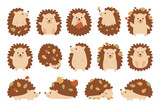 Cute funny hedgehog cartoon forest animal character carrying autumn harvest on needles isolated set