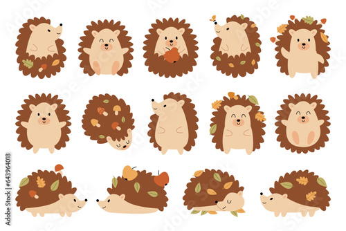 Cute funny hedgehog cartoon forest animal character carrying autumn harvest on needles isolated set photo