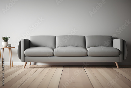 3d render of gray sofa standing on wooden floor