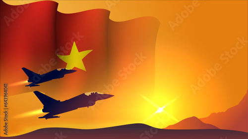 fighter jet plane with vietnam waving flag background design with sunset view suitable for national vietnam air forces day event © Vanz Studio