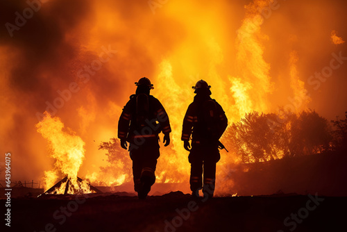 A team of firefighters on the background of a fire 2