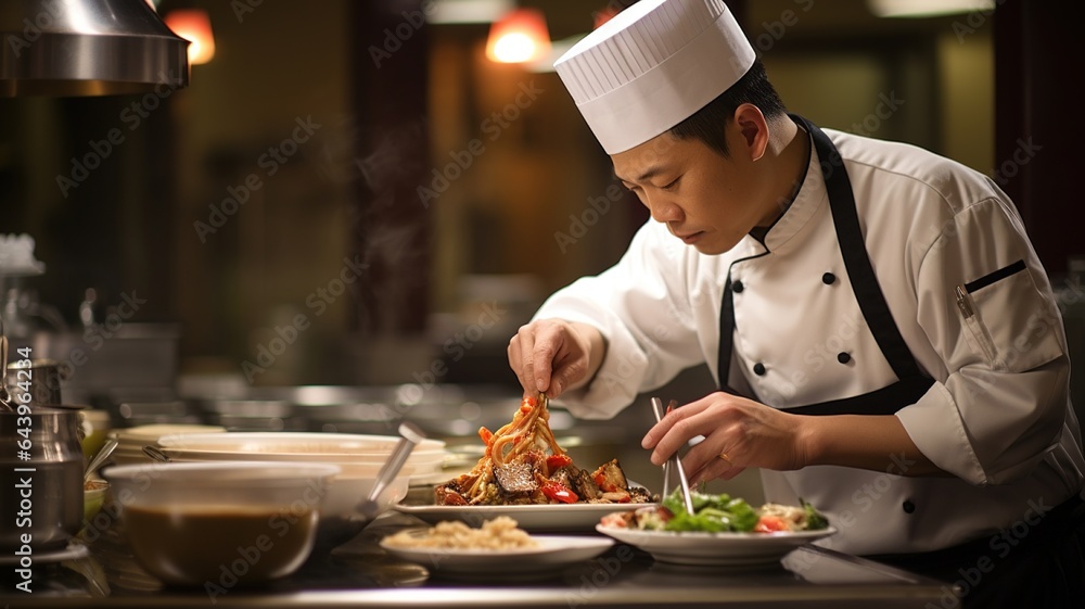 A Chinese man, the chef of the kitchen prepares a traditional meal