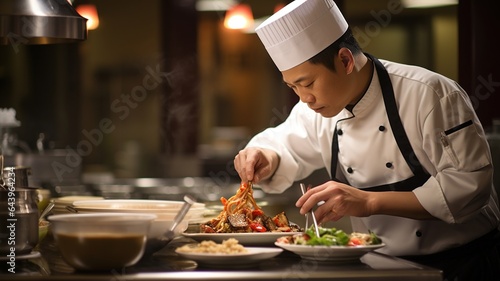 A Chinese man, the chef of the kitchen prepares a traditional meal