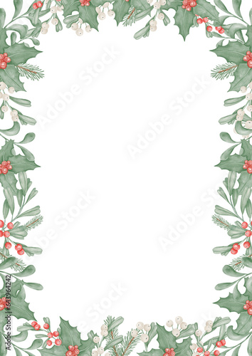 Spruce branches, pine, holly, flowers, leaves, berries. Watercolor Christmas rectangular frame
