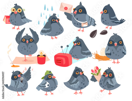 Grey pigeon funny cartoon characters with different emotion and action isolated set on white
