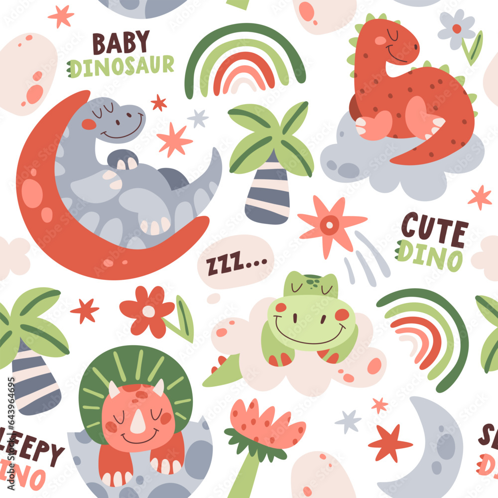 Obraz premium Cute dinosaur cartoon character sleeping on cloud, moon and crescent creative vector illustration