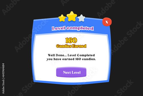 Game Popup Menu Settings. Buy. Exit. Level Complete with buttons. Vector PopUp Banner for a Casual Game. Level PopUp for Casual Game. Set of user interface GUI to build 2D games. Game popup design.
