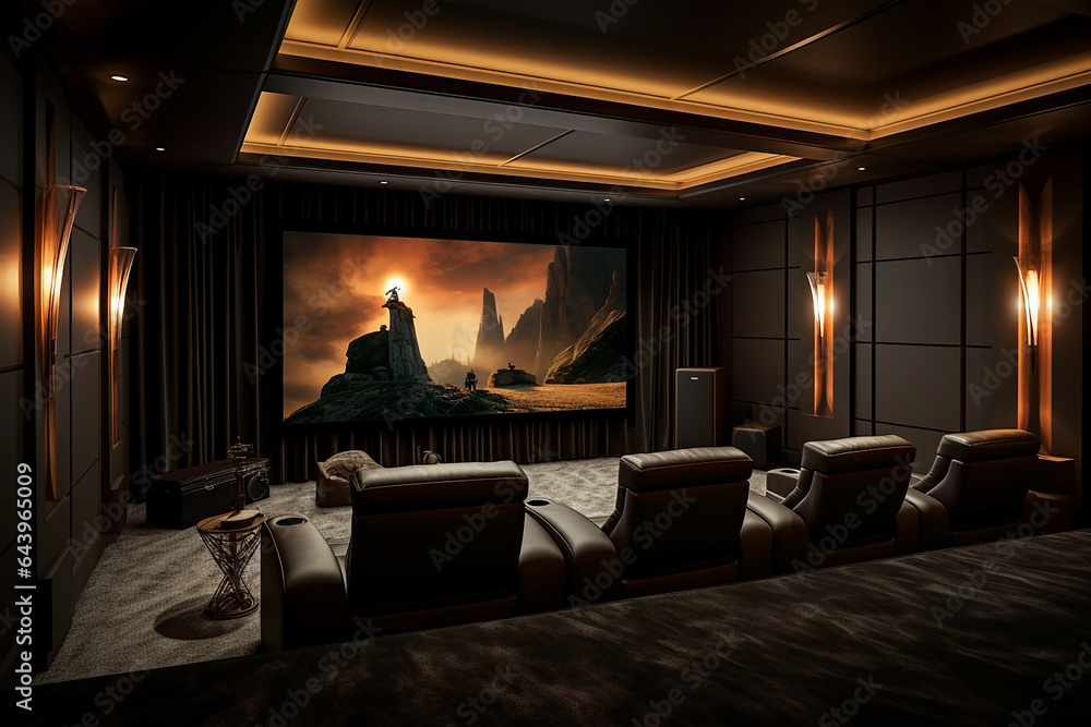 A modern entertainment room with a large screen, plush seating, and high-end sound systems.