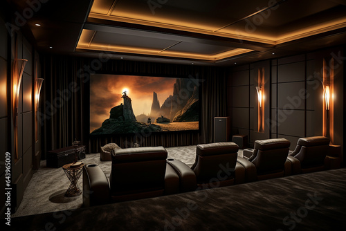 A modern entertainment room with a large screen, plush seating, and high-end sound systems.