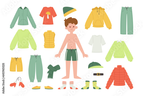 Paper boy doll with different trendy outfit fashion garment and accessories vector illustration