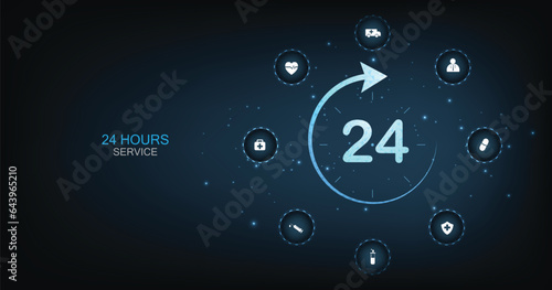 24-hour service virtual healthcare concept. The 24-hour a day medical icon is on a dark blue background.