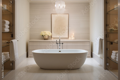 A spa-like bathroom with light-colored tiles  a freestanding tub  and elegant fixtures for a luxurious touch.